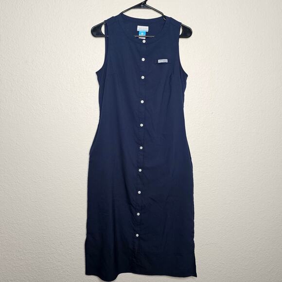 Columbira PFG crystal springs navy blue sleeveless button up vented dress size S - Picture 1 of 7